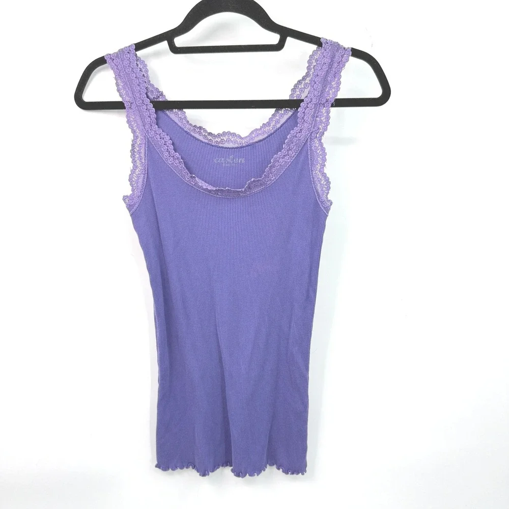 Vintage Caslon Tank Top Womens S‎ Purple Lace Trim Ribbed Y2K